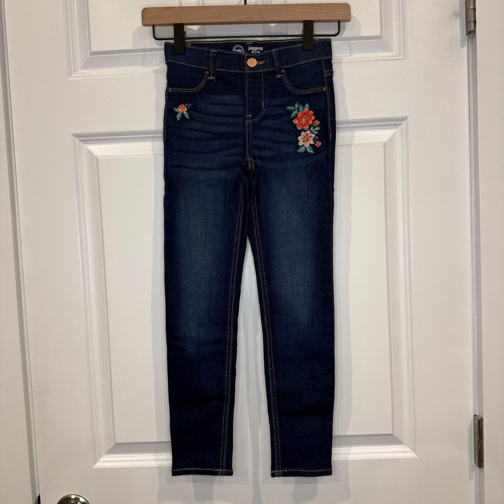 Wonder Nation Girls Floral Embroidered Jeggings Dark‎ Wash Denim Size M 7-8